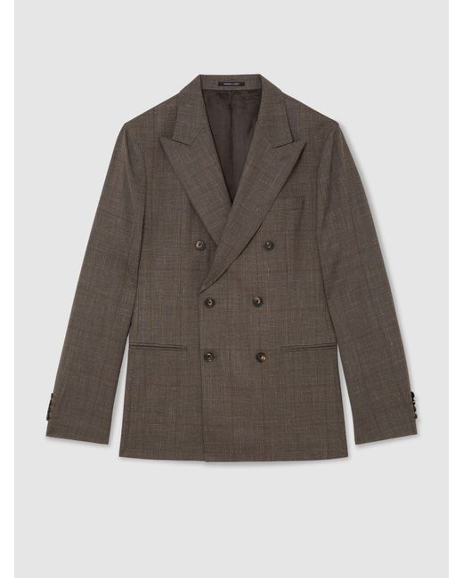 Reiss Brown Wool-Blend Check Double-Breasted Suit Blazer Classic-Fit for men