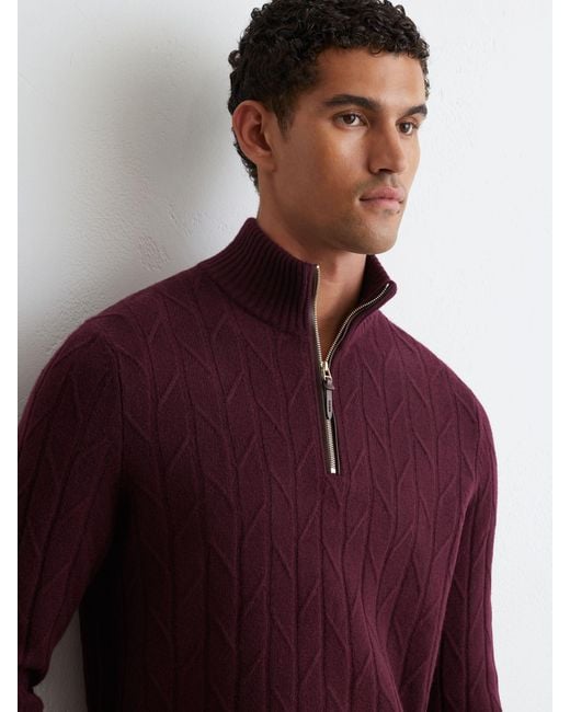 Reiss Purple Douglas - Bordeaux Wool Stitch-detail Half-zip Jumper, S for men