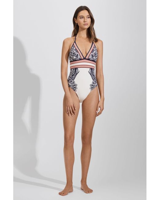 Reiss White Monica - Navy/red Printed Tie Back Swimsuit, Us 10