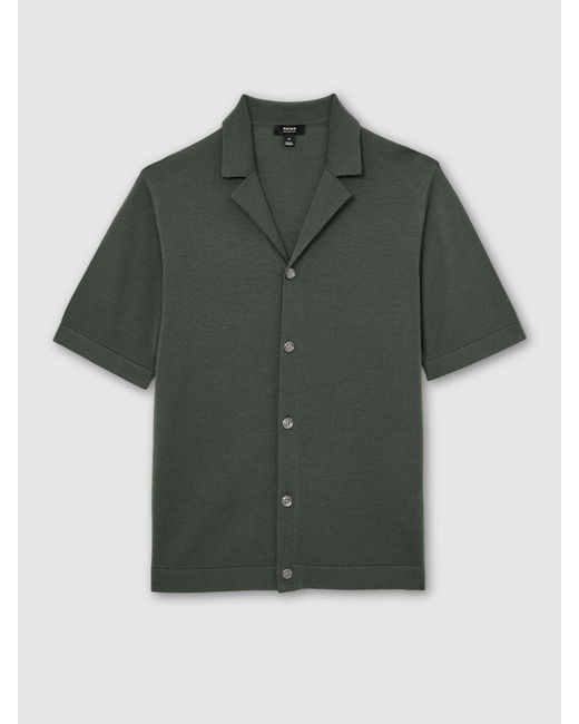 Reiss Grafton - Kale Green Merino Wool Cuban-collar Shirt, Small for men