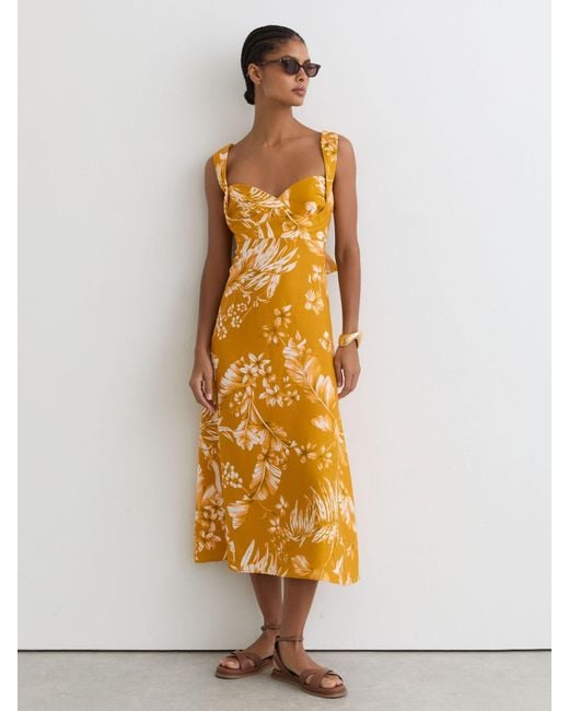 Reiss Metallic Addison - Yellow Linen Floral-print Midi Dress, Us 10