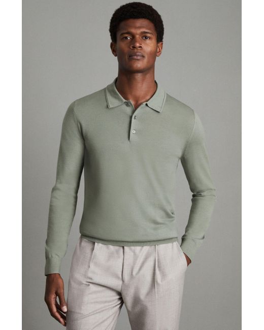 Reiss Gray Trafford - Pistachio Merino Wool Polo Shirt, S for men