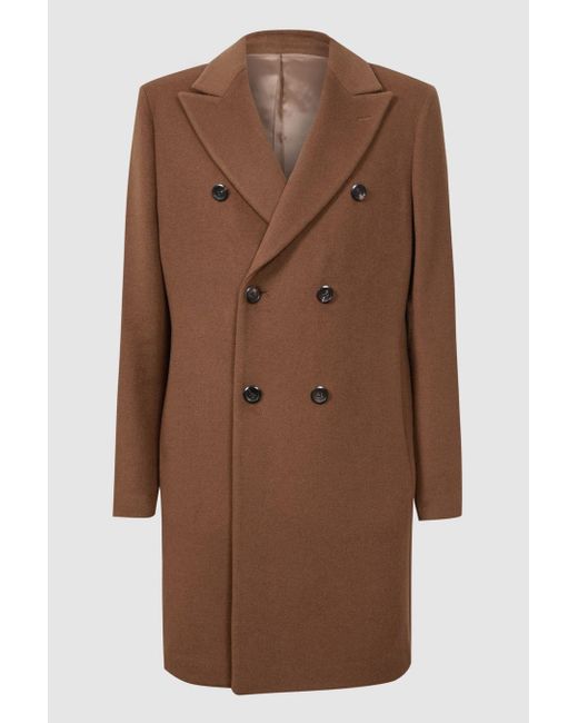 Reiss Brown Timpano - Tobacco Wool Blend Double Breasted Epsom Coat, Xxl for men