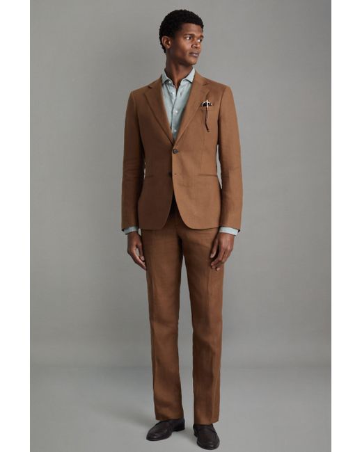 Reiss Kin - Tobacco Brown Slim Fit Single Breasted Linen Blazer, Uk 46 for men