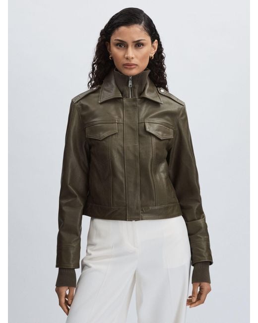 PAIGE Brown Leather Cropped Bomber Jacket