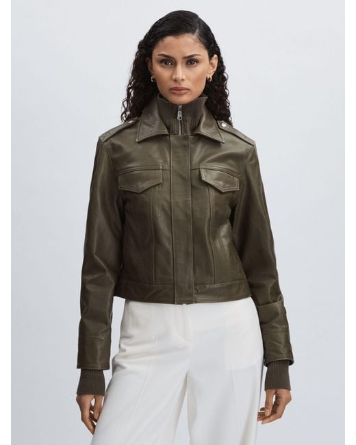PAIGE Brown Leather Cropped Bomber Jacket