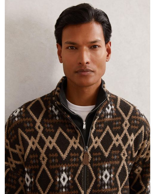Reiss Brown Geometric Fair Isle Zip-Through Jumper With Wool for men