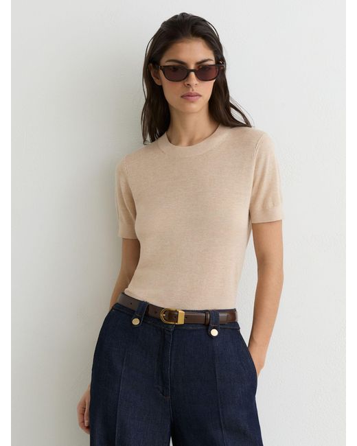 Reiss Natural Livy - Neutral Short-sleeve Knitted Top With Linen, L (us 12-14)