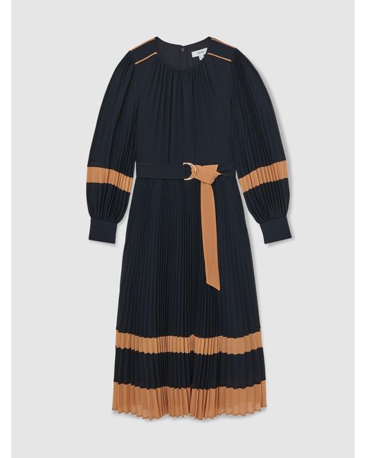 Reiss Blue Camel Colour-Block Pleated Midi Dress