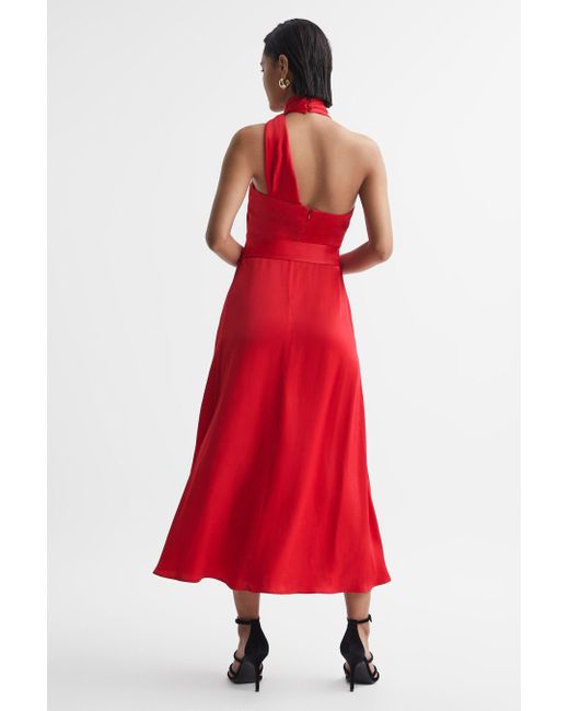Reiss Vida - Red Satin Halter Neck Fitted Midi Dress
