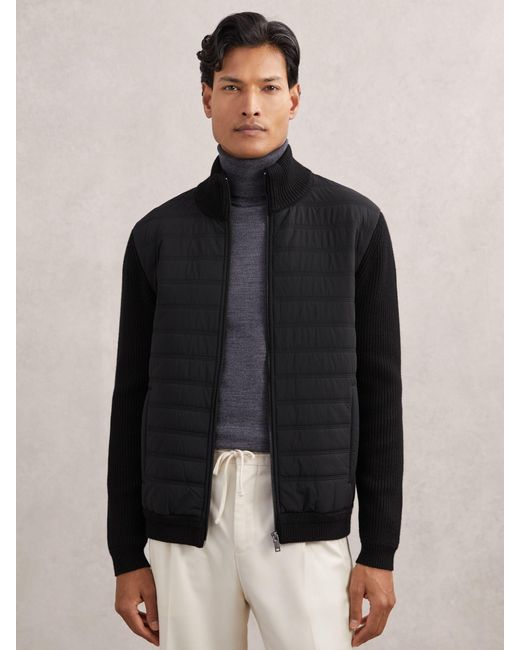 Reiss Black Quilted Rib-Knit Funnel-Neck Jacket for men