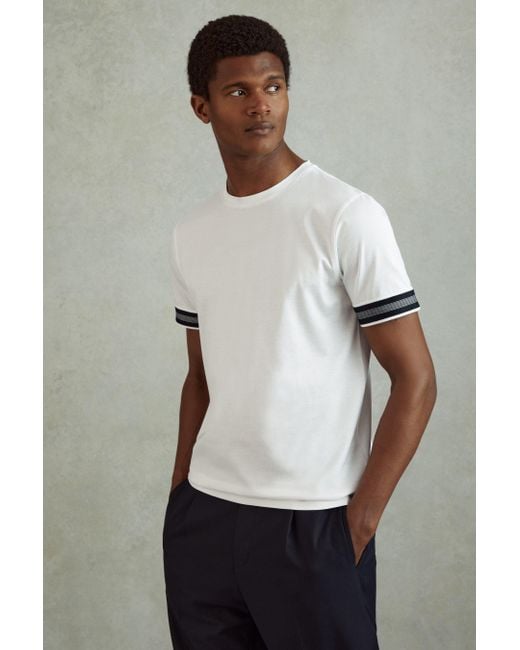 Reiss Dune - White Mercerised Cotton Striped T-shirt, M for men