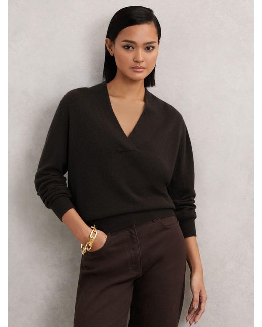 Reiss Black Mia - Chocolate Brown Cashmere V-neck Jumper, S (us 4-6)