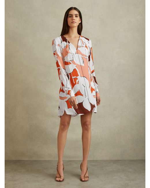 Reiss Tanya - Cream/red Printed Tie Neck Mini Dress, Us 6