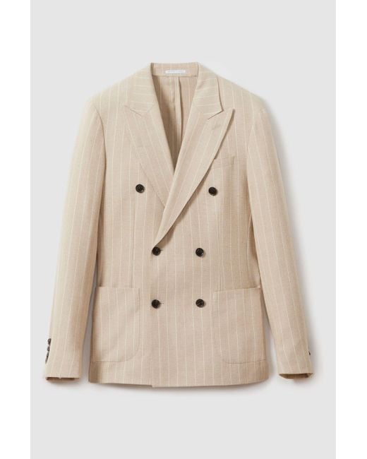Reiss Brown Jeremiah - Oatmeal Slim Fit Double Breasted Striped Blazer for men