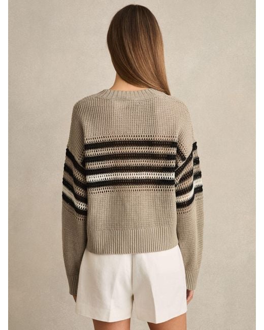 Reiss Natural Catrice - Neutral/black Linen Crochet Striped Jumper, Large (us 12-14)