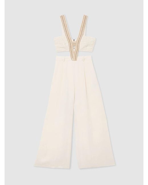 Reiss White Woven-Trim Cut-Out Wide Leg Jumpsuit