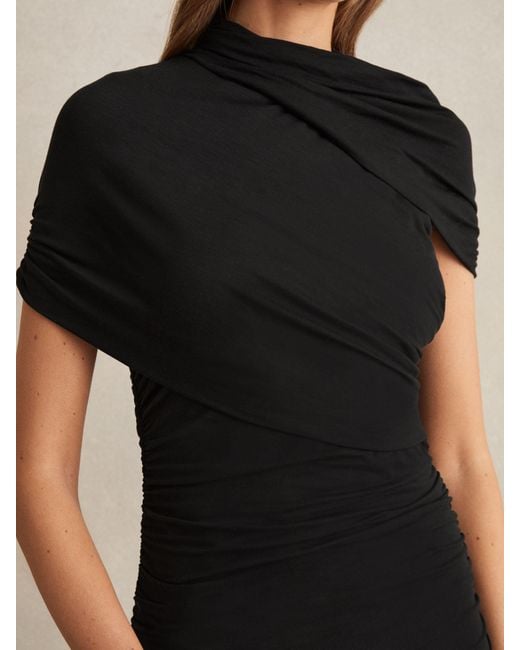 Reiss Azure - Black Stretch Lyocell Ruched Midi Dress, Us 6