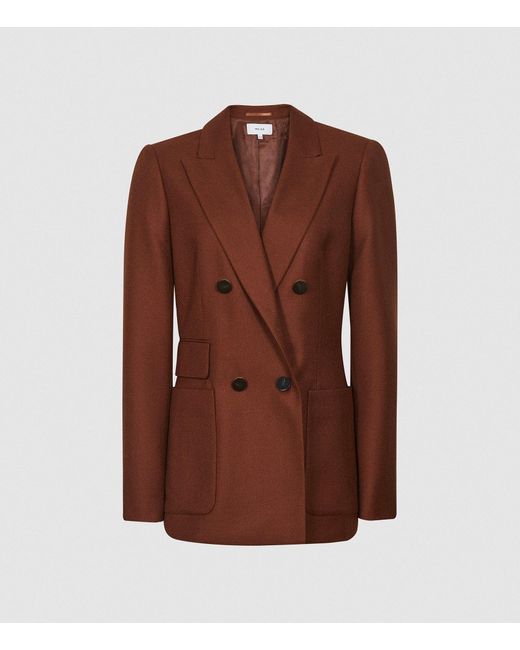 Reiss Brown Finley - Double Breasted Twill Blazer