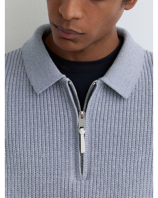 Reiss Gray Cotton-Blend Rib Half-Zip Polo Jumper for men