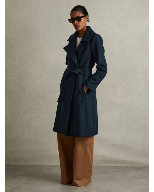 Reiss Blue Wool Blend Belted Double Breasted Coat With Cashmere