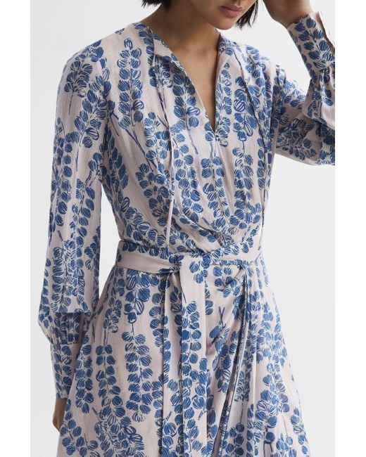 Reiss Blue Marine Leaf-print Metallic-lurex Woven Mini Dress