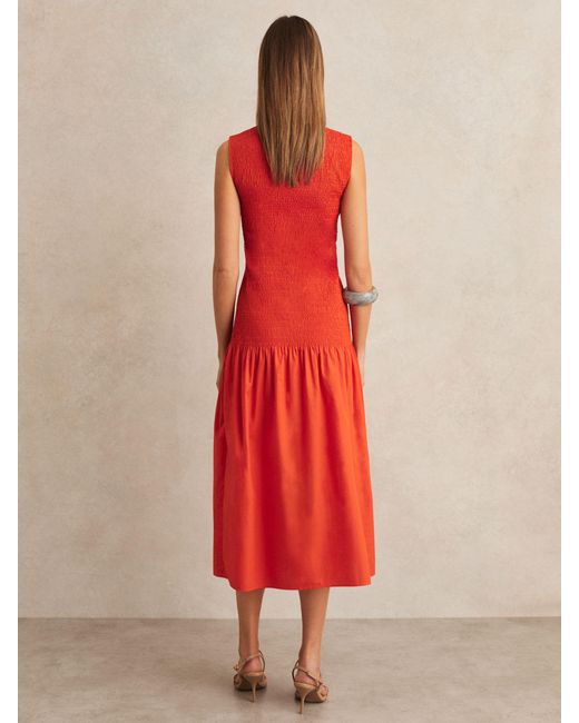 Reiss Annabel - Red Petite Cotton Shirred Midi Dress, Us 6