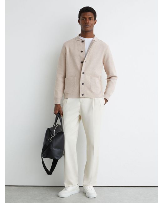 Reiss Natural Plaza - Oatmeal Collared Button-through Cardigan, L for men