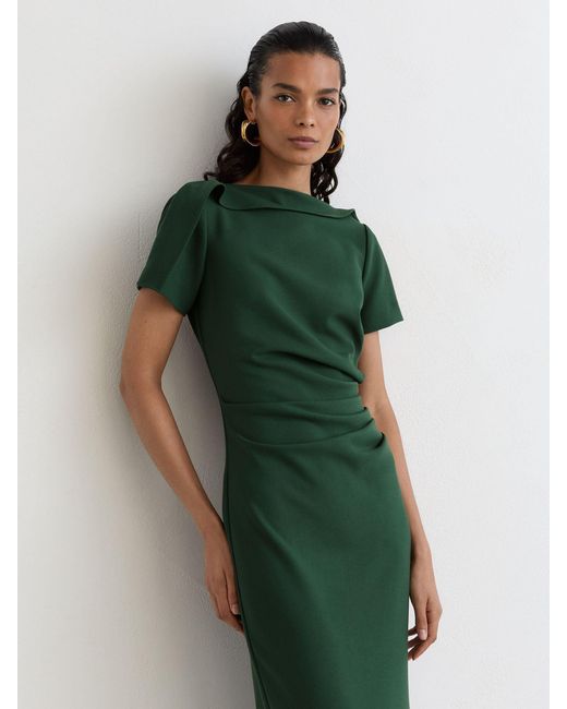 Reiss Hilary - Teal Green Ruched-detail Boat-neck Midi Dress, Us 2