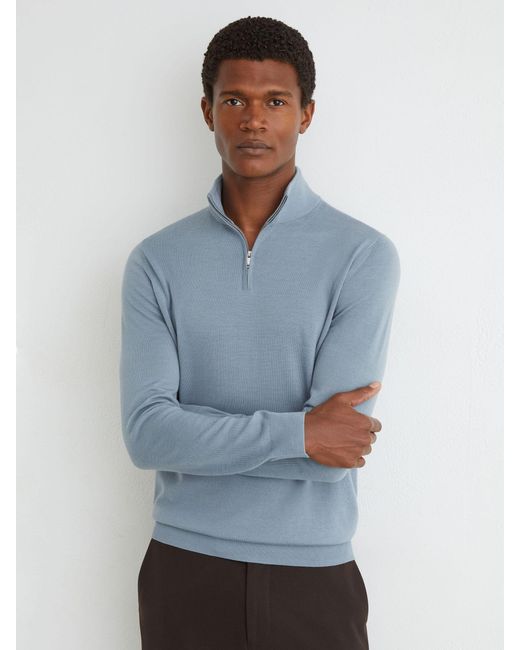 Reiss Blue Merino Wool Half-Zip Funnel-Neck Jumper for men