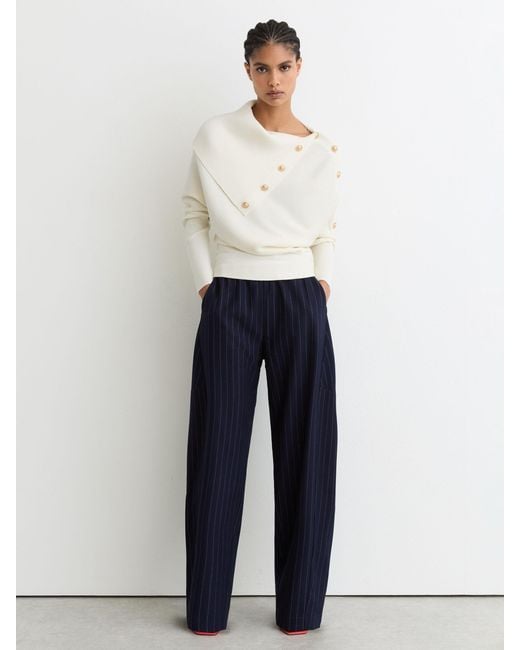 Reiss White Lexi - Ivory Rib-knit Button Shawl Jumper, Small (us 4-6)