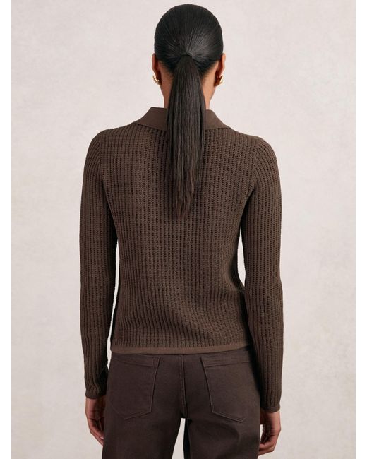 Reiss India - Chocolate Brown Open-knit Long-sleeve Polo Top, Medium