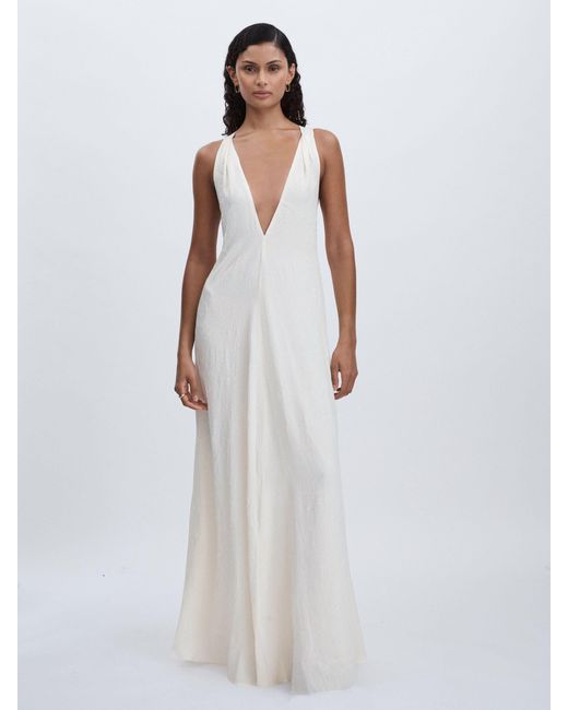 Significant Other White Crinkle-Satin Deep-V Maxi Dress