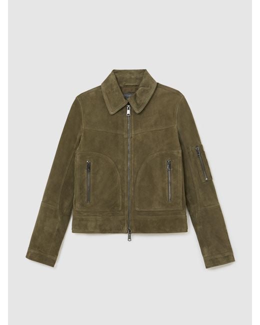 Reiss Green Suede Zip-Through Jacket