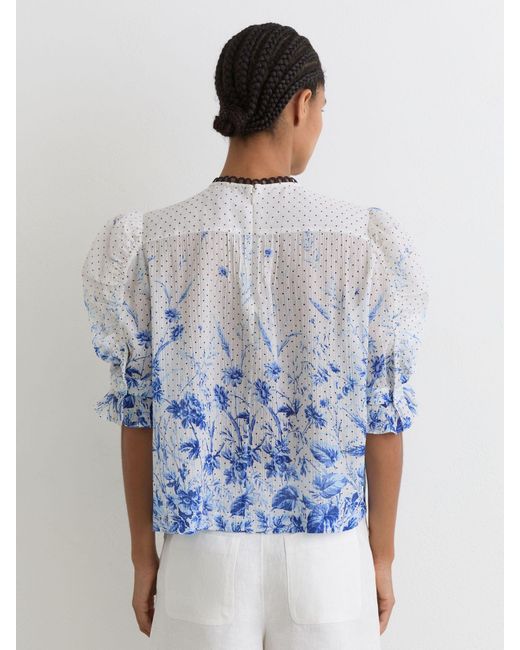 Reiss Minni - Ivory/blue Cotton Floral-print Ruffle Blouse, Us 4