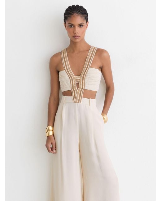 Reiss White Woven-Trim Cut-Out Wide Leg Jumpsuit