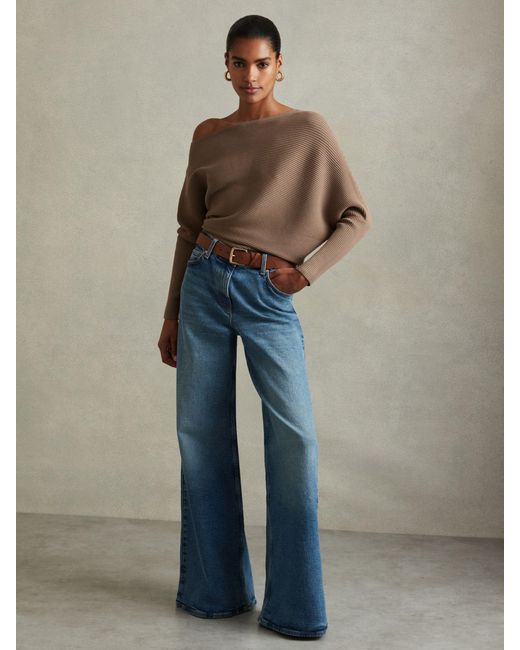 Reiss Blue Lorna - Mink Asymmetric Draped Knitted Jumper, M