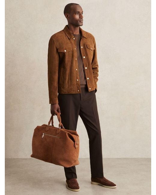 Reiss Brown Suede Press Stud Trucker Jacket for men