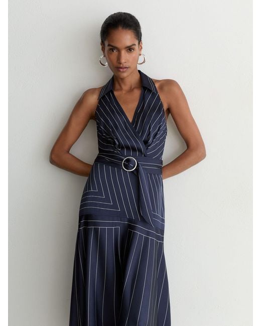 Reiss Blue Striped Sleeveless Collared Midi Dress