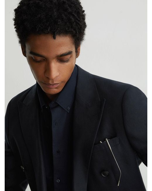 Reiss Blue Tailored Fit Linen Double-Breasted Suit Blazer for men