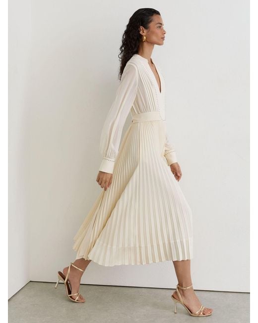Reiss Natural Stud-Detail Pleated Midi Dress