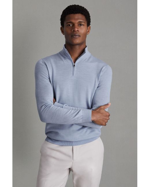 Reiss Gray Blackhall - Soft Blue Melange Merino Wool Half-zip Funnel Neck Jumper, M for men