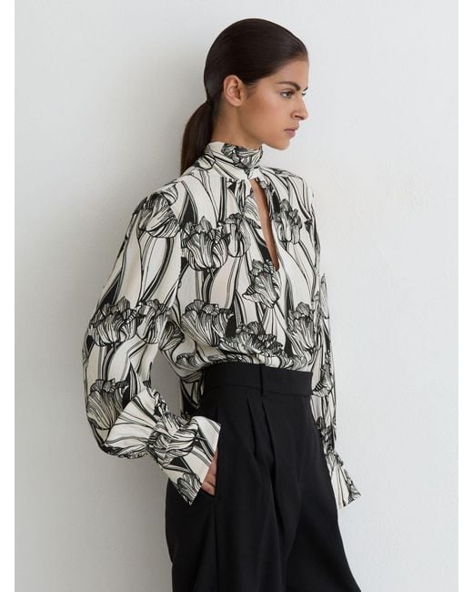 Reiss Black Silk Floral-Print Tie-Neck Blouse