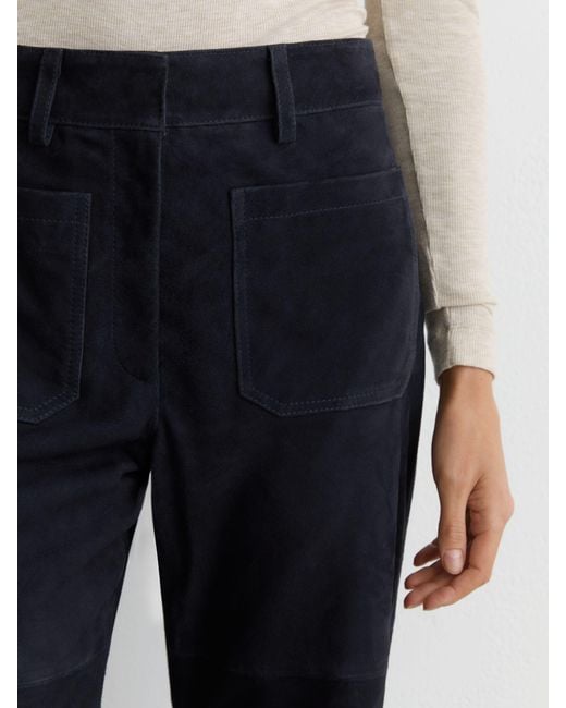 Reiss Blue Priya Petite Suede High-Rise Flared Trousers