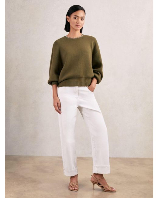 Reiss Green Wool-Blend Necklace-Trim Jumper With Cashmere