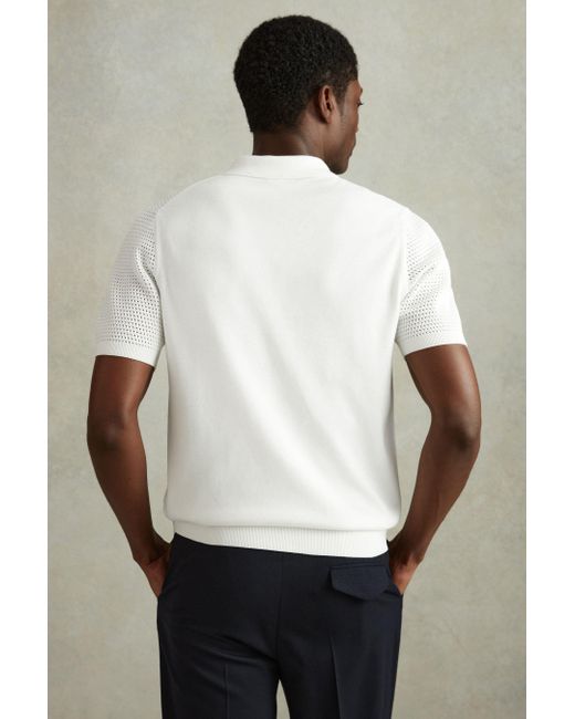Reiss Natural Burnham - Optic White Cotton Blend Textured Half Zip Polo Shirt for men