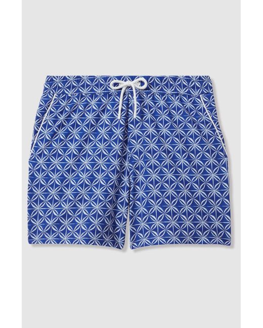Reiss Fraser - Bright Blue/white Geometric Print Drawstring Swim Shorts for men