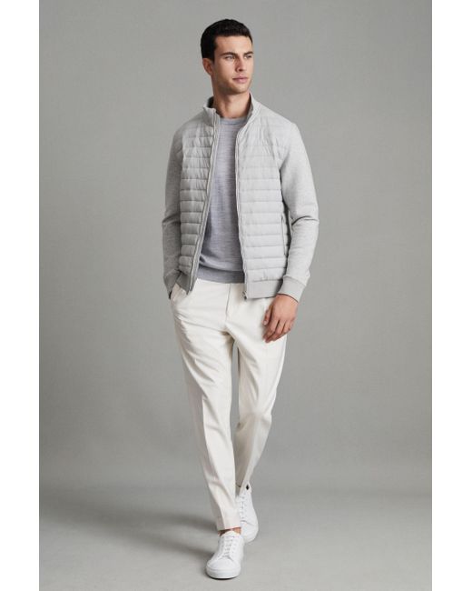 Reiss Gray Freddie - Soft Grey Melange Hybrid Quilt And Knit Zip-through Jacket for men