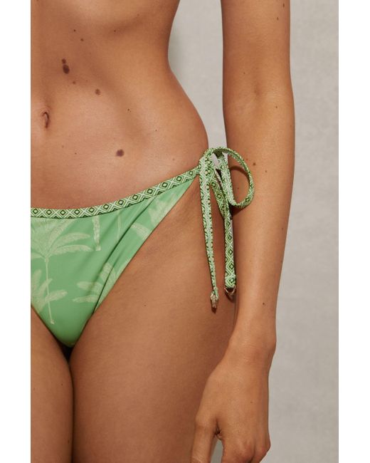 Reiss Natural Thia - Green/cream Palm Tree Print Bikini Bottoms