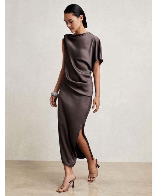Reiss Natural Satin Draped Asymmetric Midi Dress
